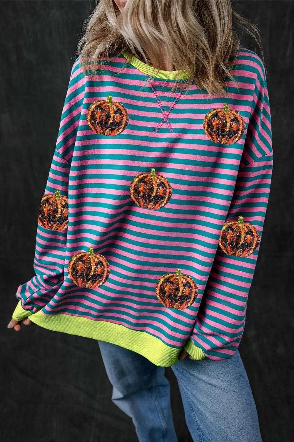 Pumpkin Striped Round Neck Long Sleeve Sweatshirt - Trendsi - Flyclothing LLC