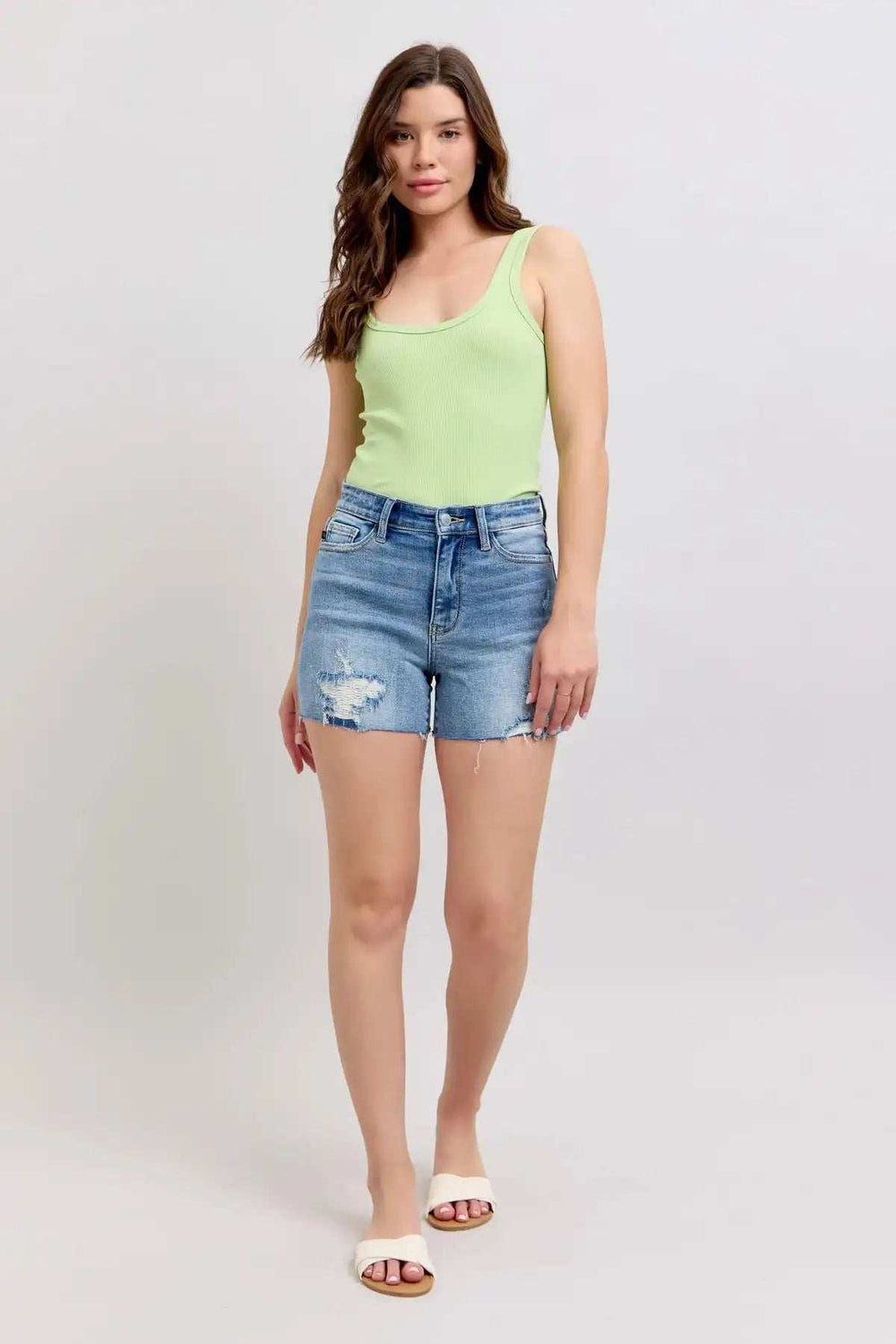Judy Blue Full Size High Waist Denim Shorts W/stitch Over Destroy Detail Plus Size - Trendsi - Flyclothing LLC
