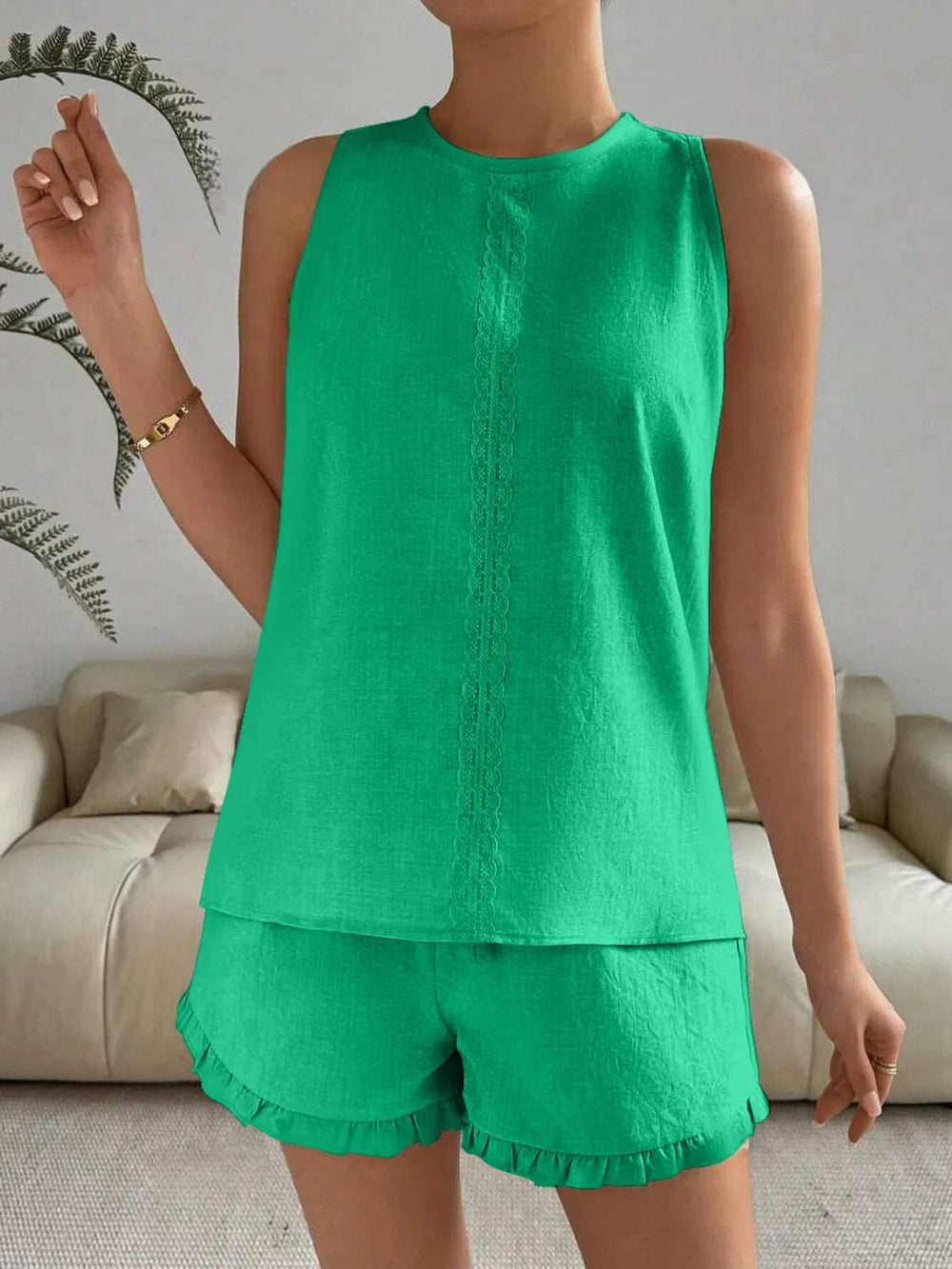 Lace Detail Round Neck Tank and Shorts Set - Trendsi - Flyclothing LLC