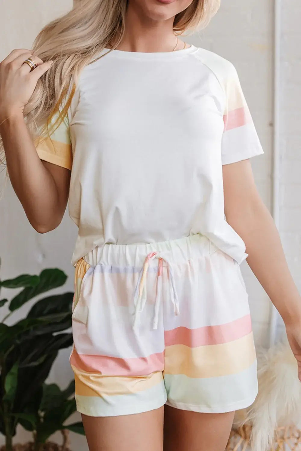 Rainbow Striped Round Neck T Shirt and Shorts Lounge Set - Trendsi - Flyclothing LLC