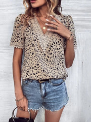 Full Size Printed V-Neck Short Sleeve Blouse - Trendsi