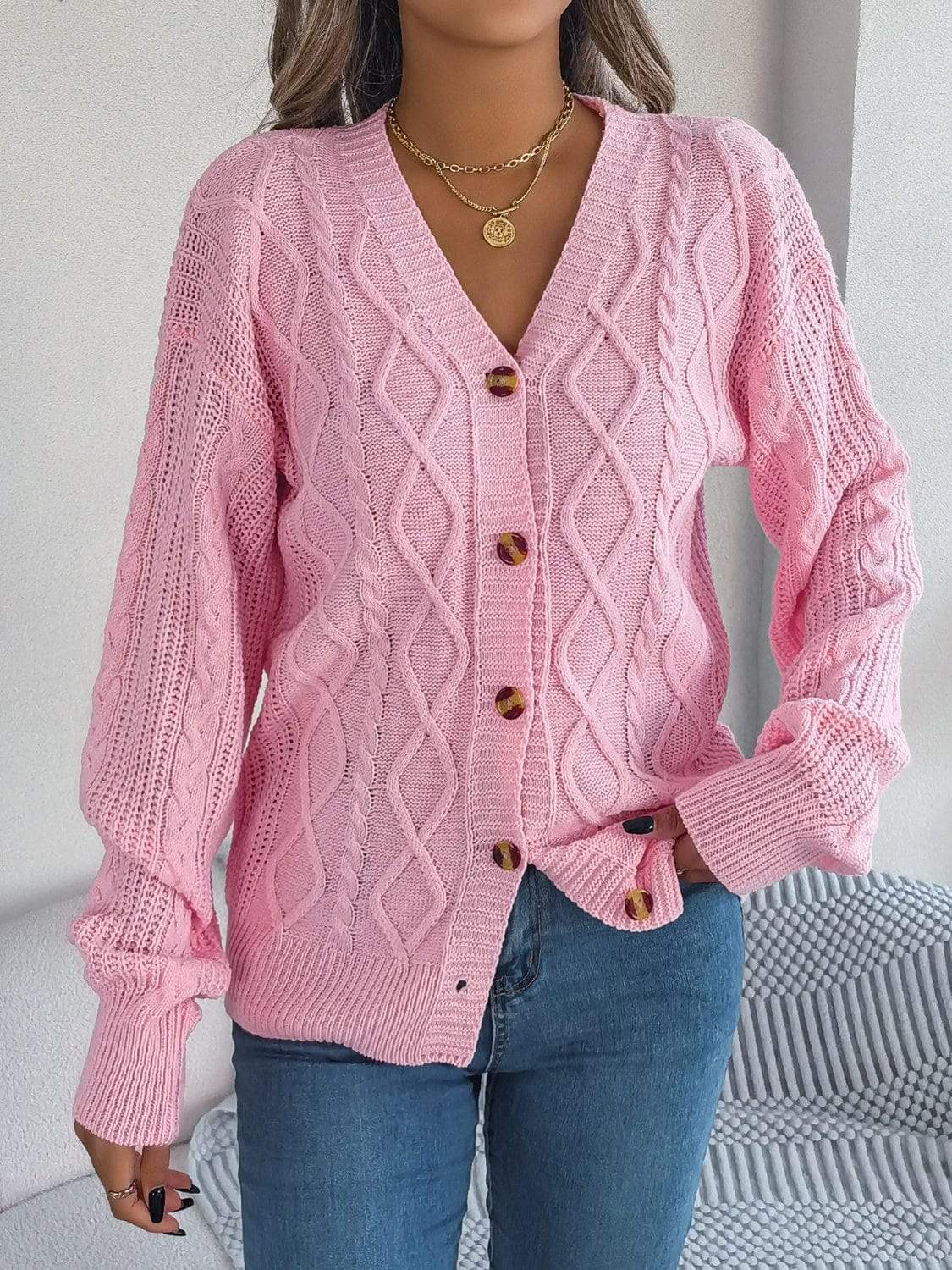 Cable-Knit Long Sleeve Cardigan - Trendsi - Flyclothing LLC