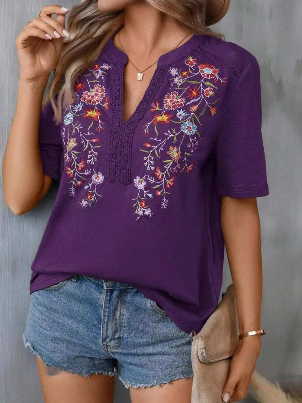 Embroidered Notched Short Sleeve T-Shirt - Trendsi - Flyclothing LLC