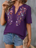 Embroidered Notched Short Sleeve T-Shirt - Trendsi - Flyclothing LLC