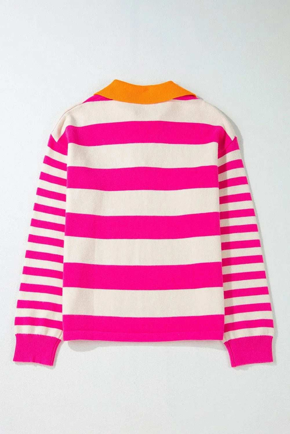 Contrast Stripes Johnny Collar Long Sleeve Sweater - Trendsi - Flyclothing LLC