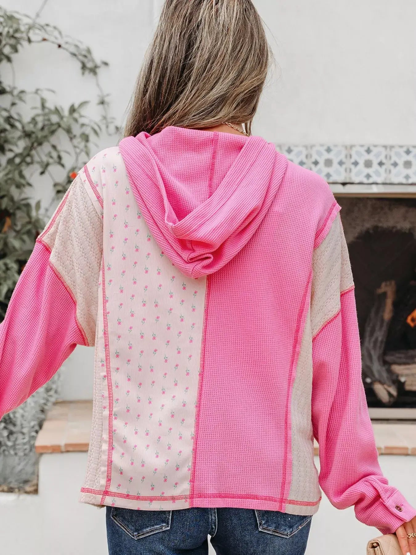 Mixed Texture Waffle Floral Patchwork Hooded Oversize Pullover - Trendsi - Flyclothing LLC