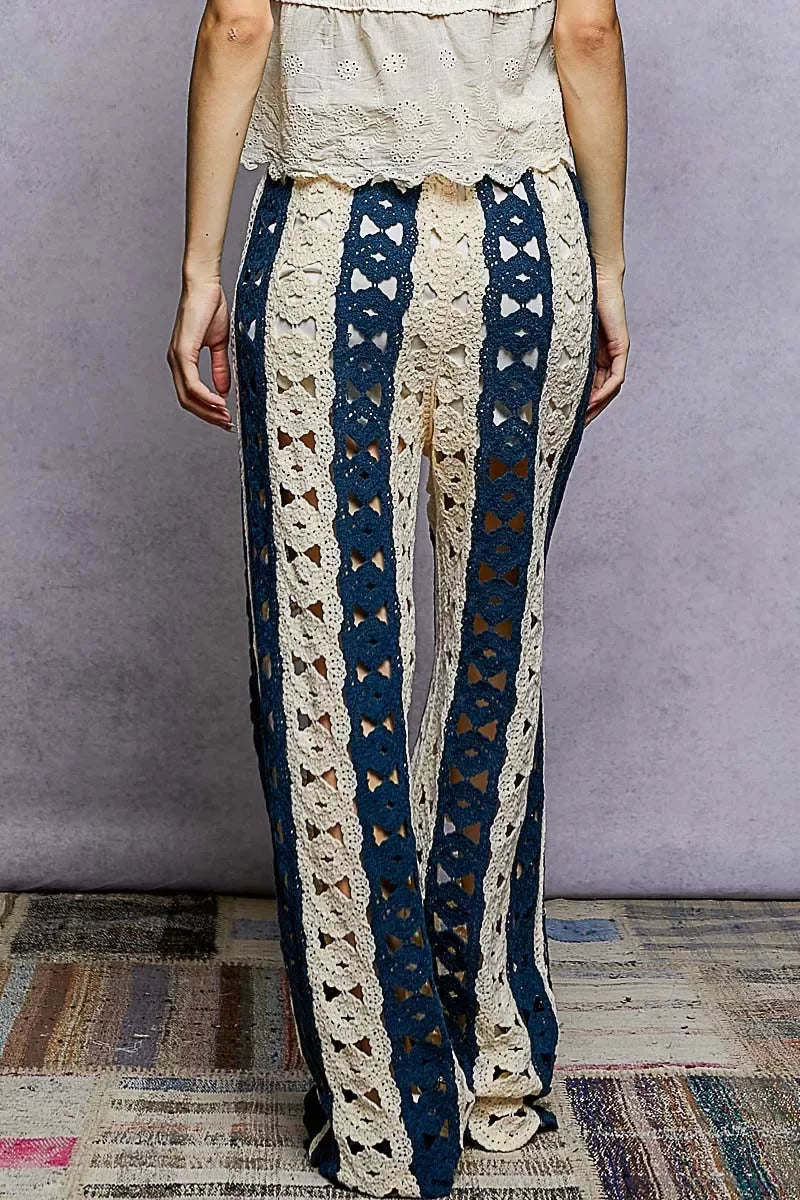 POL Openwork Wide Leg Pants with Stripe Detail - Trendsi - Flyclothing LLC