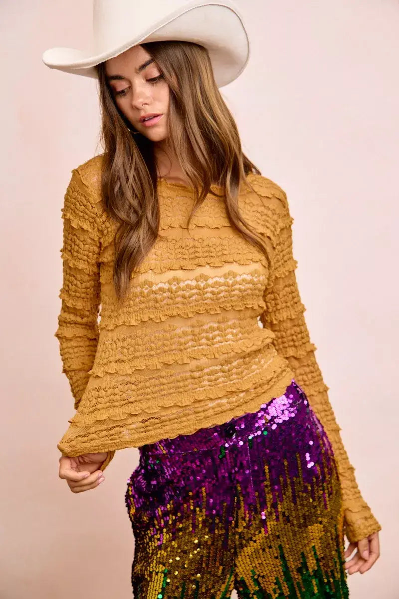 BiBi Ruffles Detail Mardi Gras Color Flower Lace Top - Trendsi - Flyclothing LLC