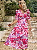 Printed Puff Sleeve Midi Dress - Trendsi - Flyclothing LLC