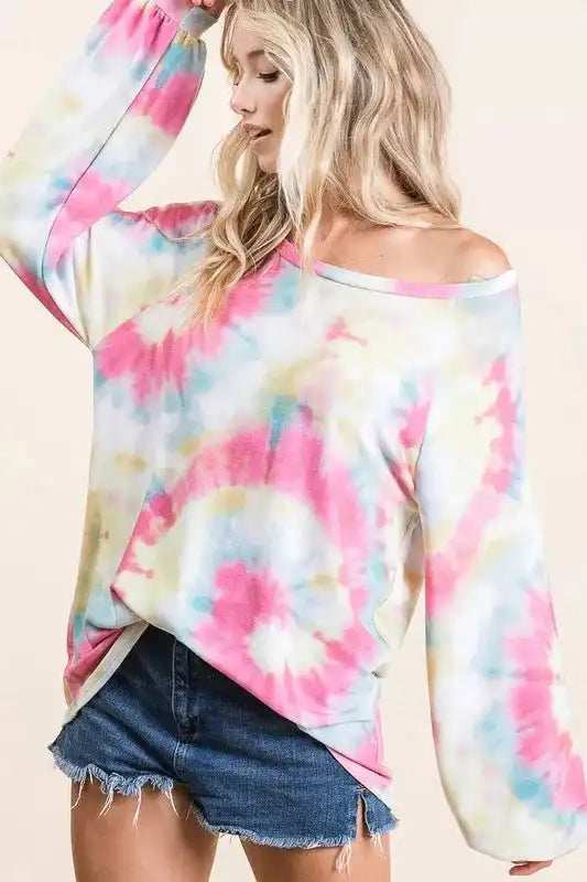BiBi Tie Dye Print Terry Top With Puff Sleeves - Trendsi - Flyclothing LLC