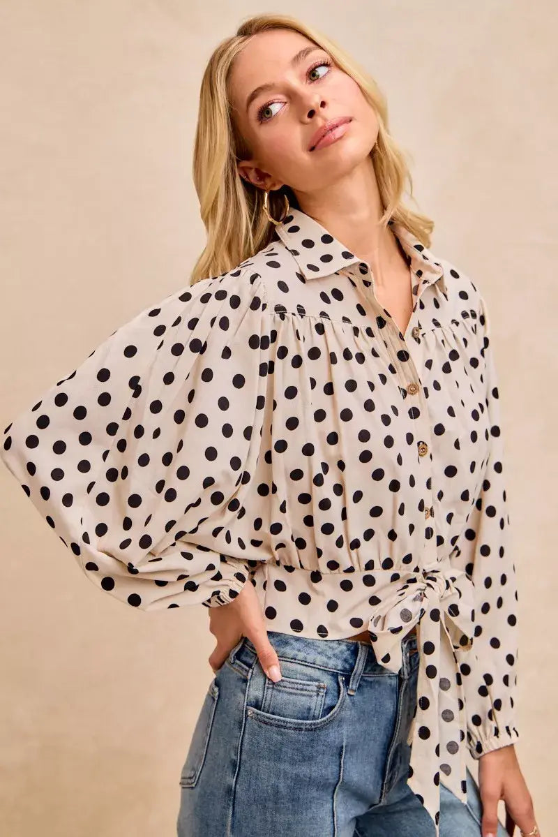 BiBi Polka Dot Print Tie Hem Detail Crop Shirt - Trendsi - Flyclothing LLC