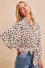 BiBi Polka Dot Print Tie Hem Detail Crop Shirt - Trendsi - Flyclothing LLC
