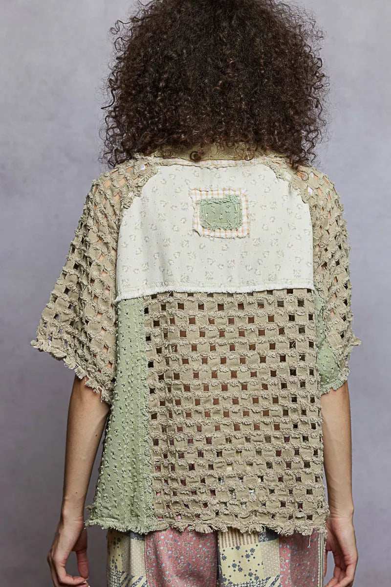 POL Button Down V-Neck Jacket with Printed Woven Patchwork - Trendsi - Flyclothing LLC