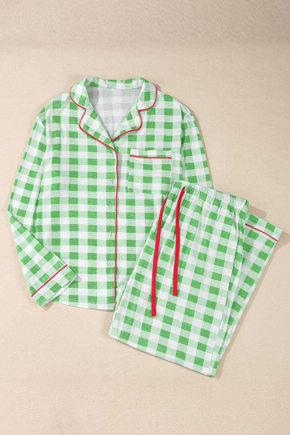 Plaid Collared Neck Long Sleeve Top and Pants Set - Trendsi - Flyclothing LLC