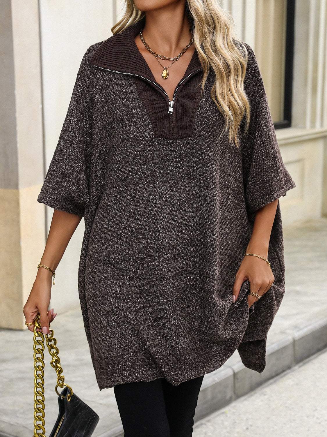 Slit Quarter Zip Half Sleeve Sweater - Trendsi - Flyclothing LLC