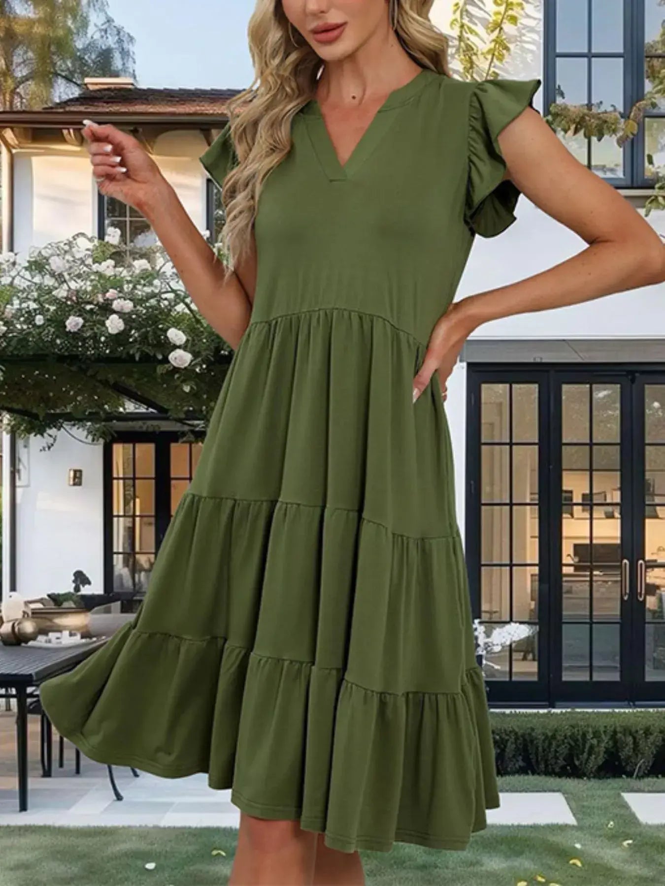 Ruffle Sleeve Tiered Midi Dress - Trendsi - Flyclothing LLC