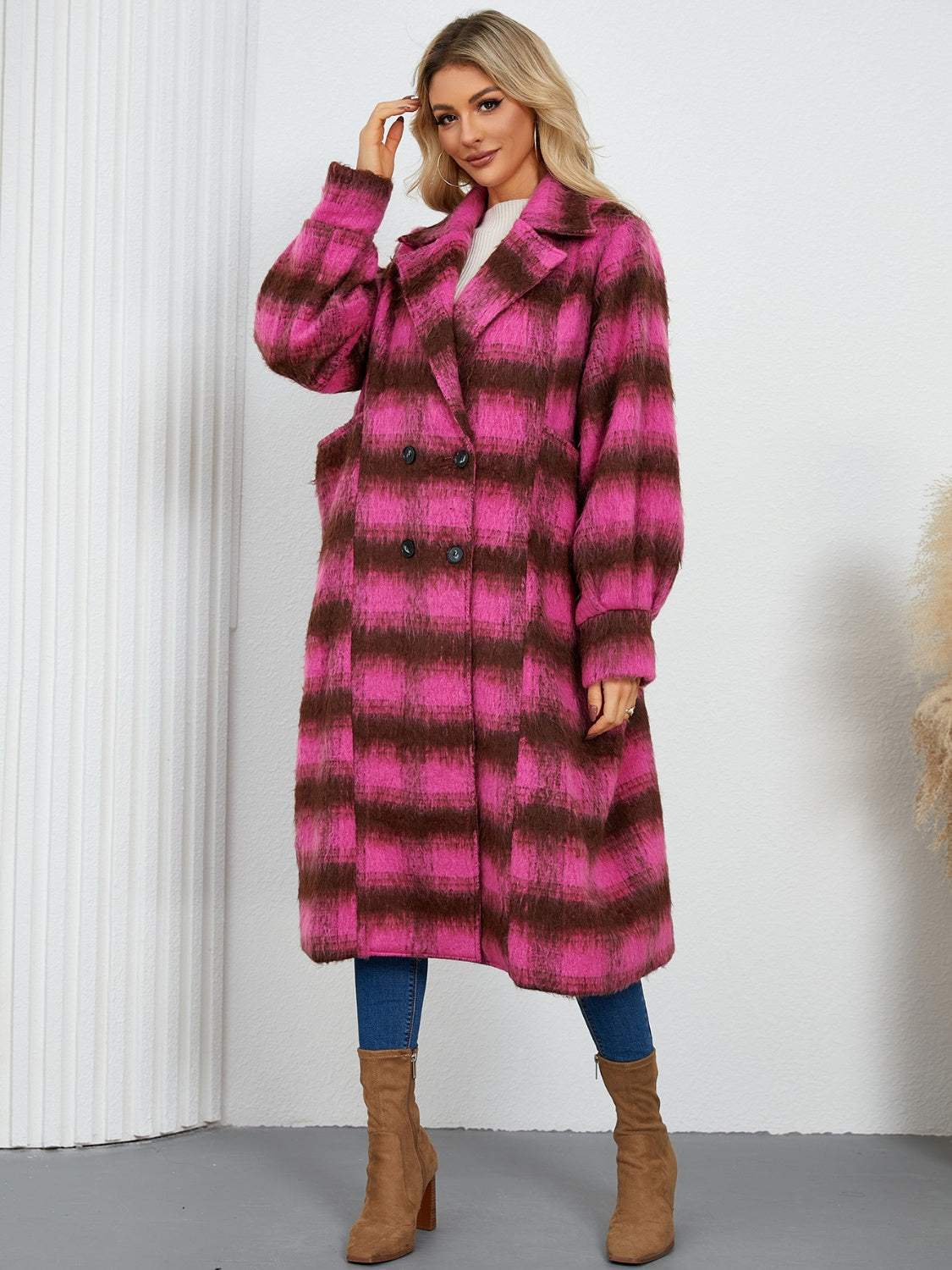 Contrast Double-Breasted Long Sleeve Longline Coat - Trendsi - Flyclothing LLC