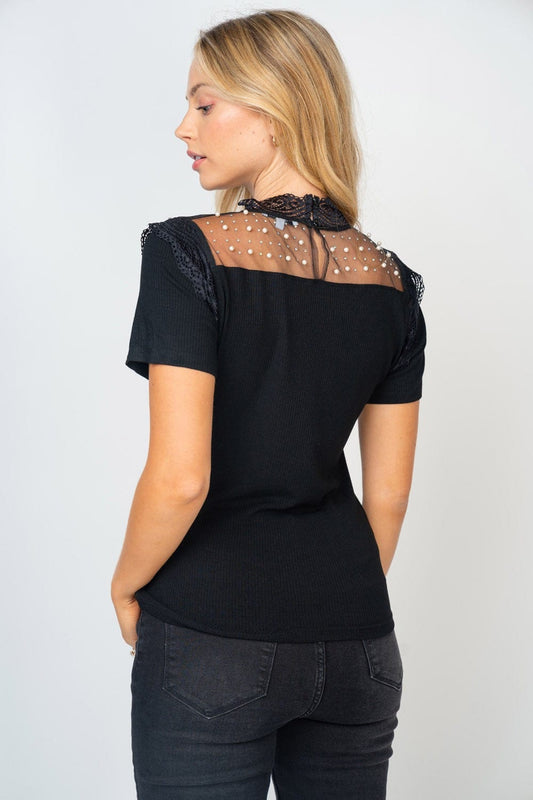 White Birch Mesh Pearl Detail Short Sleeve T-Shirt - Flyclothing LLC