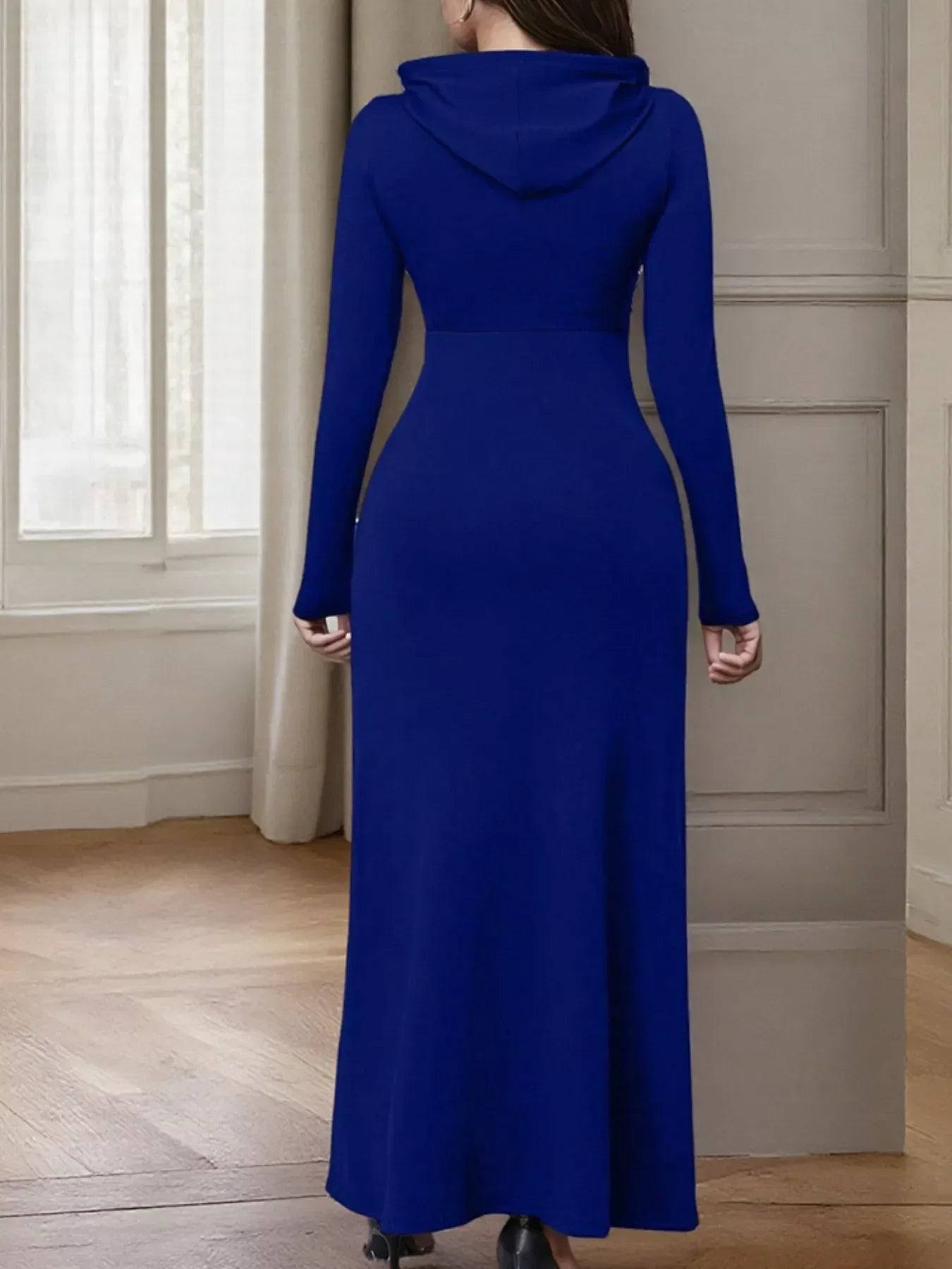 Drawstring Long Sleeve Hooded Maxi Dress - Trendsi - Flyclothing LLC