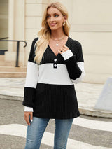 Color Block V-Neck Long Sleeve T-Shirt - Trendsi - Flyclothing LLC