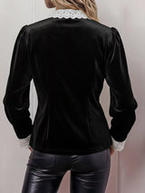 Lace Bow Tie Velvet Blouse - Trendsi - Flyclothing LLC