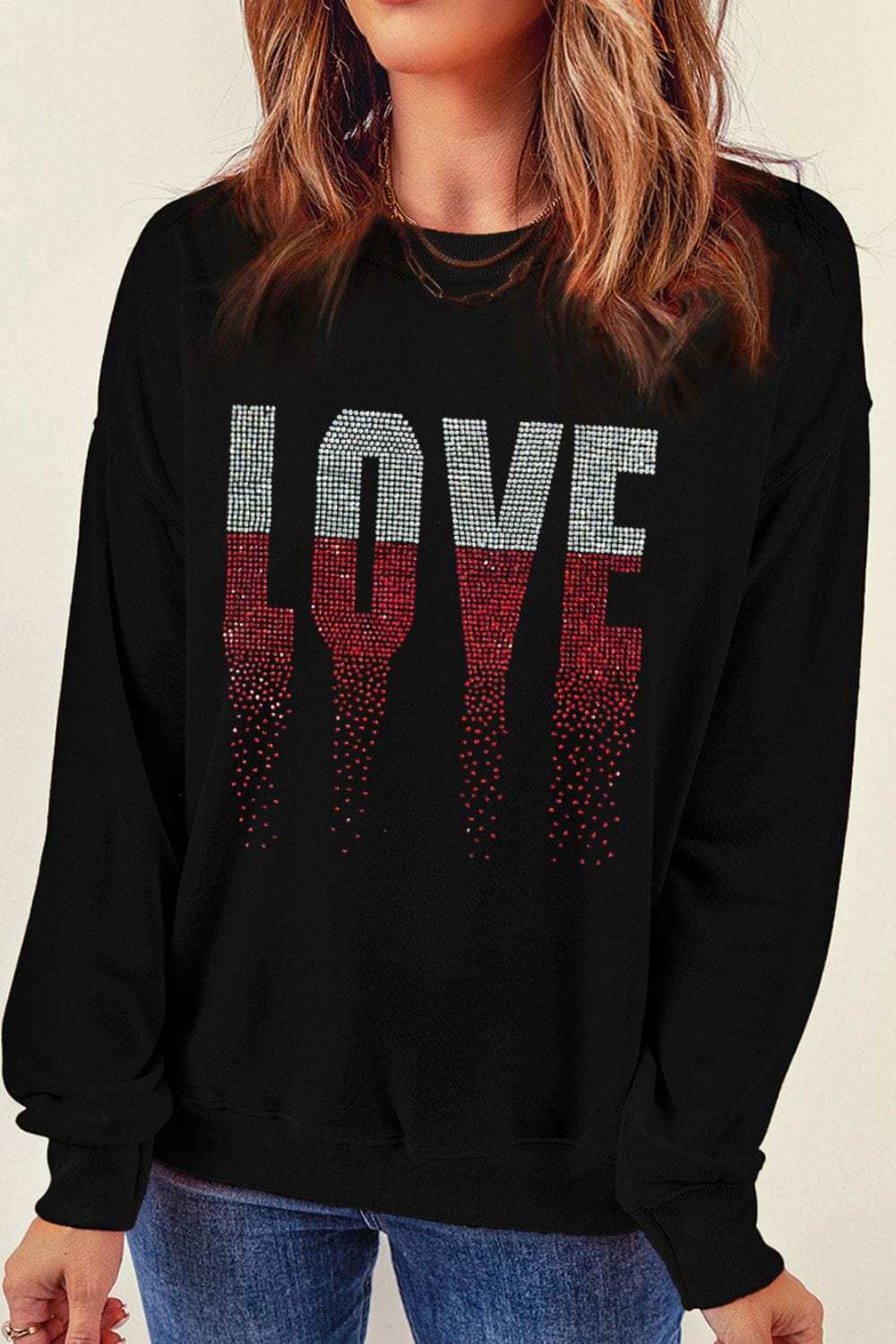 Rhinestone LOVE Round Neck Long Sleeve Sweatshirt - Trendsi - Flyclothing LLC