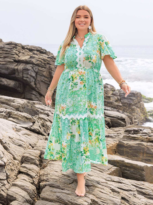 Plus Size Printed Notched Short Sleeve Maxi Dress - Trendsi - Flyclothing LLC