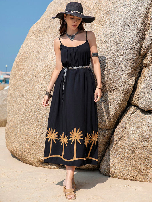 Embroidered Scoop Neck Midi Cami Dress - Trendsi