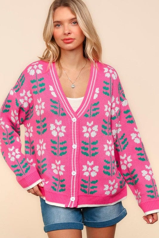 Haptics Full Size Floral Jacquard V-Neck Button Up Cardigan - Trendsi