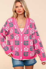 Haptics Full Size Floral Jacquard V-Neck Button Up Cardigan - Trendsi