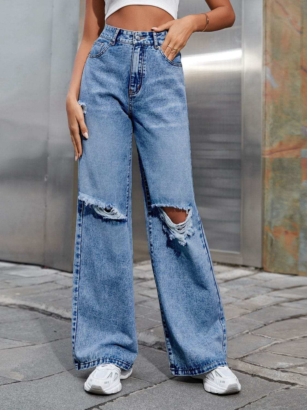 Distressed Wide Leg Jeans with Pockets - Trendsi - Flyclothing LLC