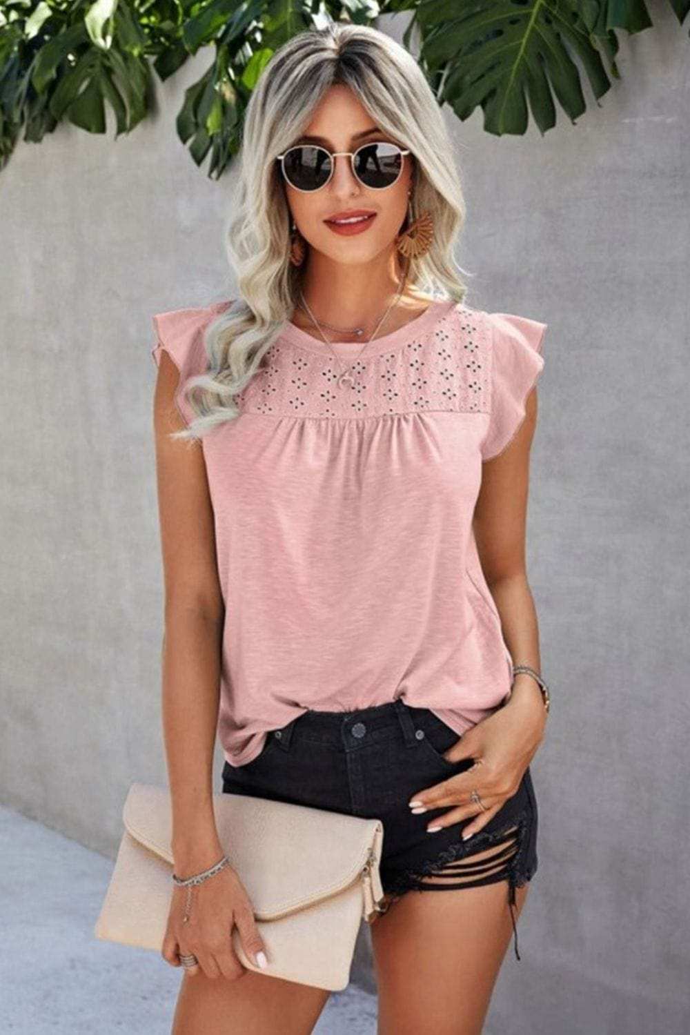 Ruffled Round Neck Cap Sleeve T-Shirt - Trendsi - Flyclothing LLC