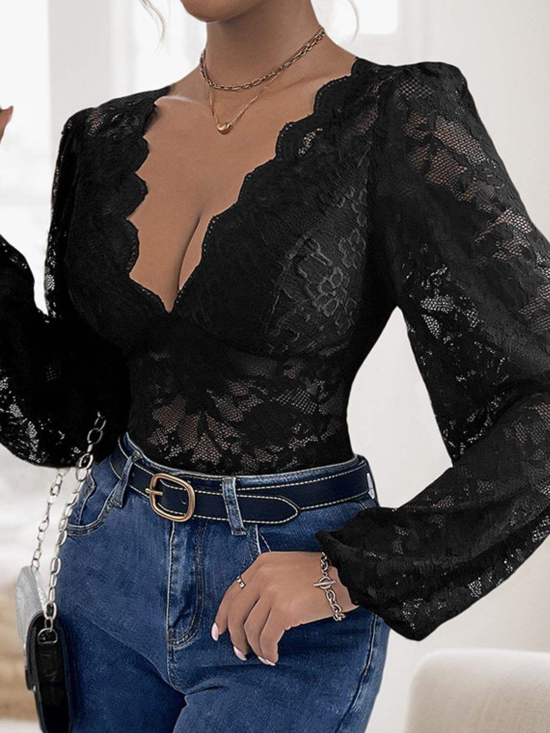 Perfee Lace Plunge Long Sleeve Bodysuit - Trendsi - Flyclothing LLC
