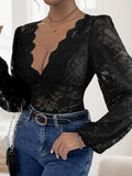 Perfee Lace Plunge Long Sleeve Bodysuit - Trendsi