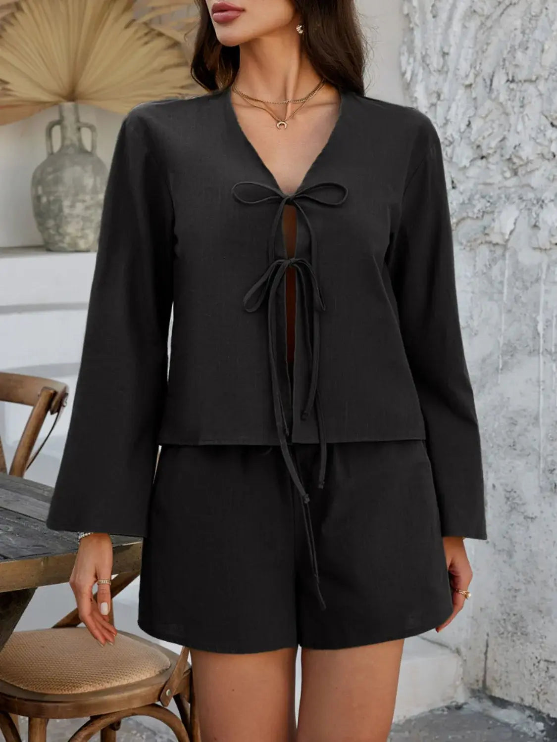 Devine Double Tied V-Neck Top and Shorts Set - Trendsi - Flyclothing LLC