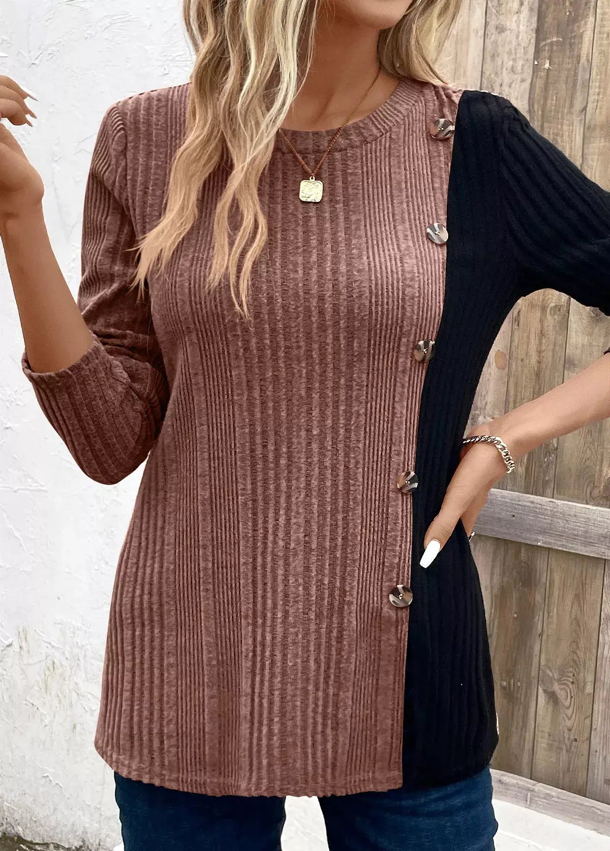 Color Block Ribbed Knit Decor Button T-Shirt - Trendsi - Flyclothing LLC