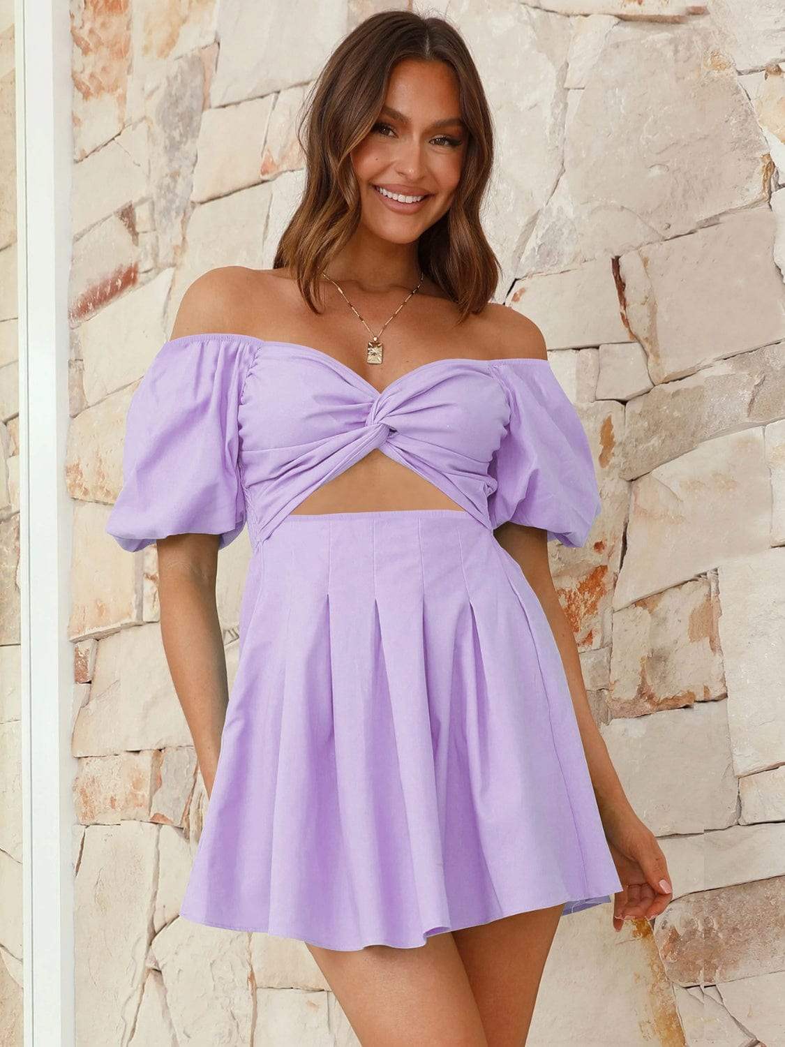 Cutout Twisted Off-Shoulder Short Sleeve Dress - Trendsi - Flyclothing LLC