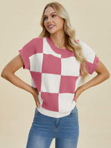 Double Take Full Size Checkered Round Neck Short Sleeve Sweater - Trendsi - Flyclothing LLC