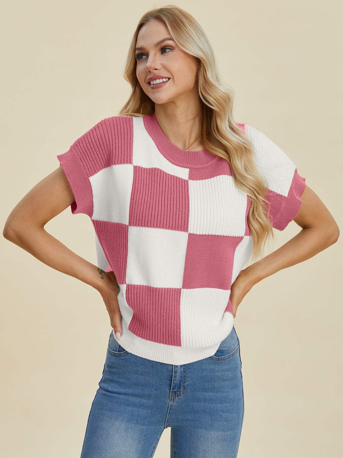 Double Take Full Size Checkered Round Neck Short Sleeve Sweater - Trendsi - Flyclothing LLC