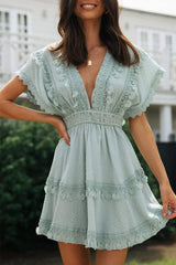 Lace Detail Plunge Short Sleeve Mini Dress - Trendsi - Flyclothing LLC