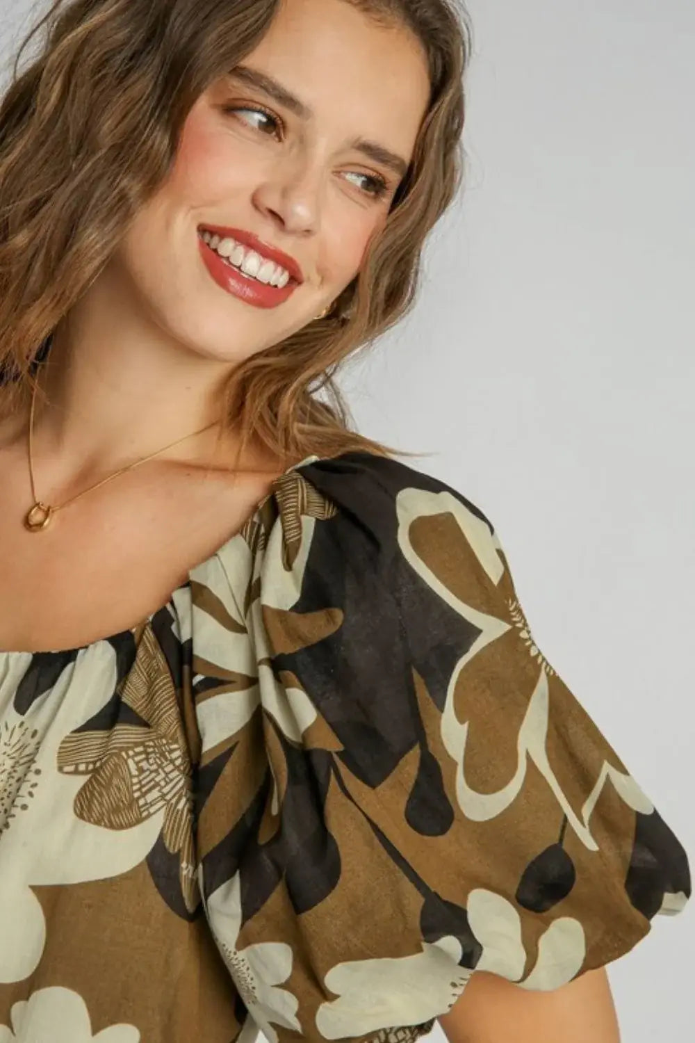 Umgee Full Size Print Round Neck Puff Sleeve Top Plus Size - Trendsi - Flyclothing LLC