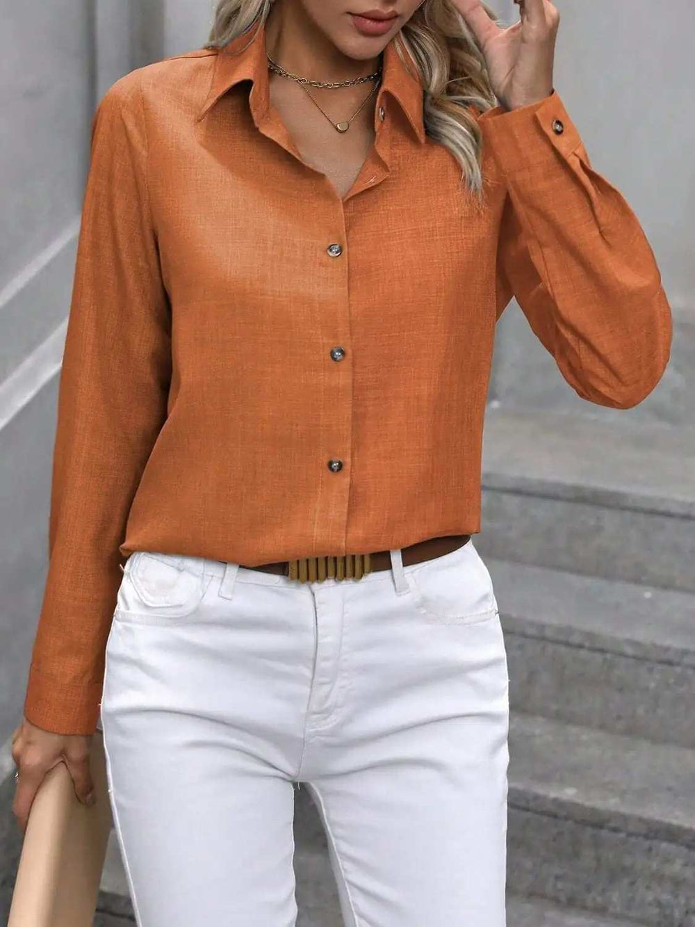 Button Up Collared Neck Long Sleeve Shirt - Trendsi - Flyclothing LLC