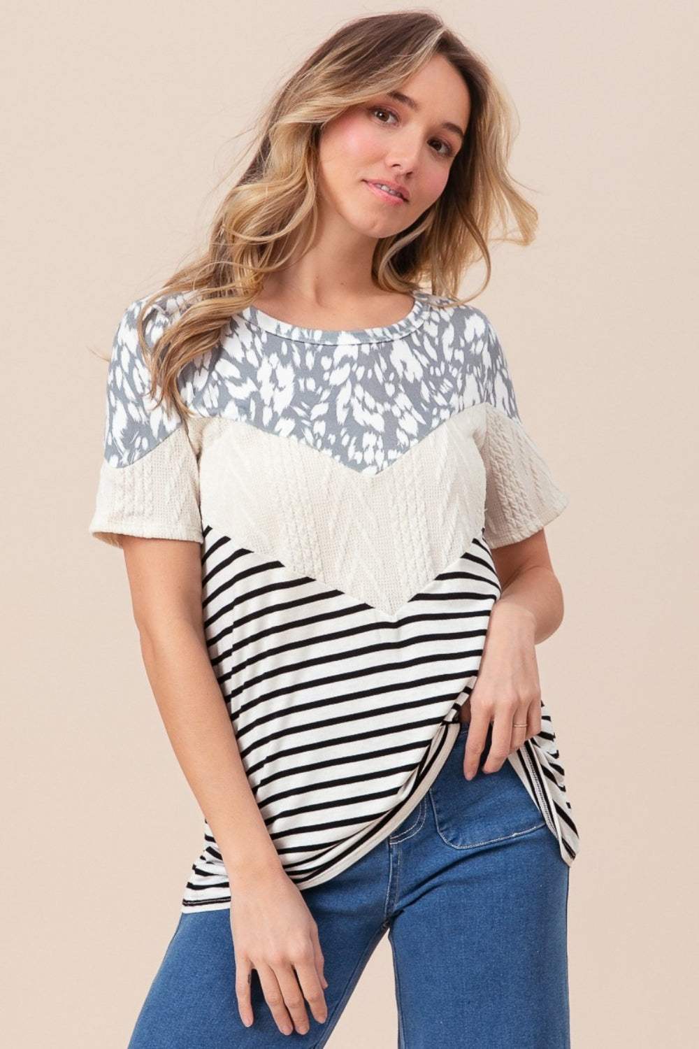 BiBi Printed Color Block Short Sleeve T-Shirt - Trendsi - Flyclothing LLC