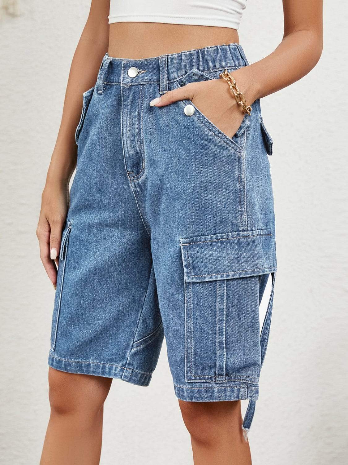 High Waist Denim Shorts with Pockets - Trendsi - Flyclothing LLC