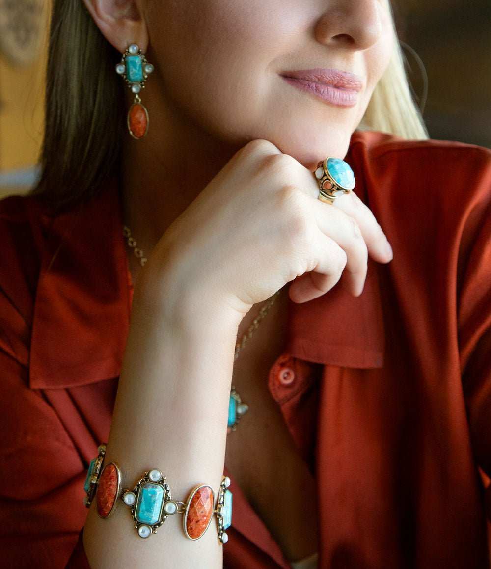 Champs Blue turquoise and Orange Coral Golden Link Bracalet - Barse Jewelry - Flyclothing LLC