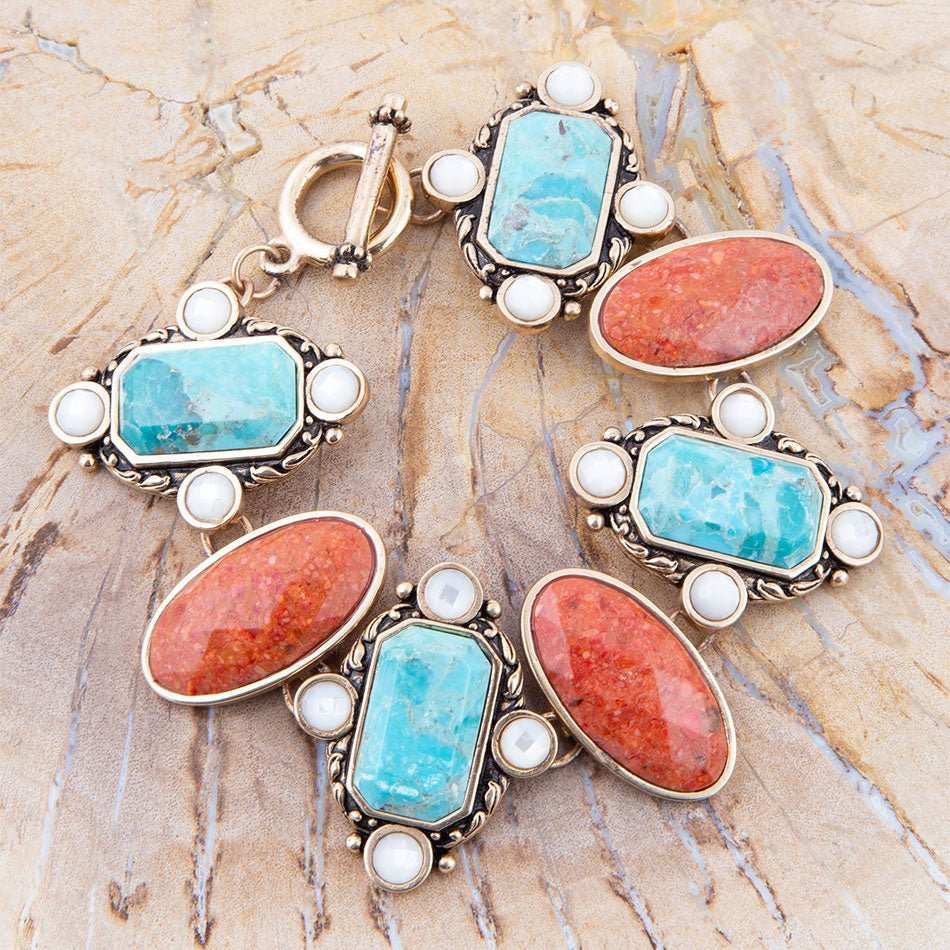 Champs Blue turquoise and Orange Coral Golden Link Bracalet - Barse Jewelry - Flyclothing LLC