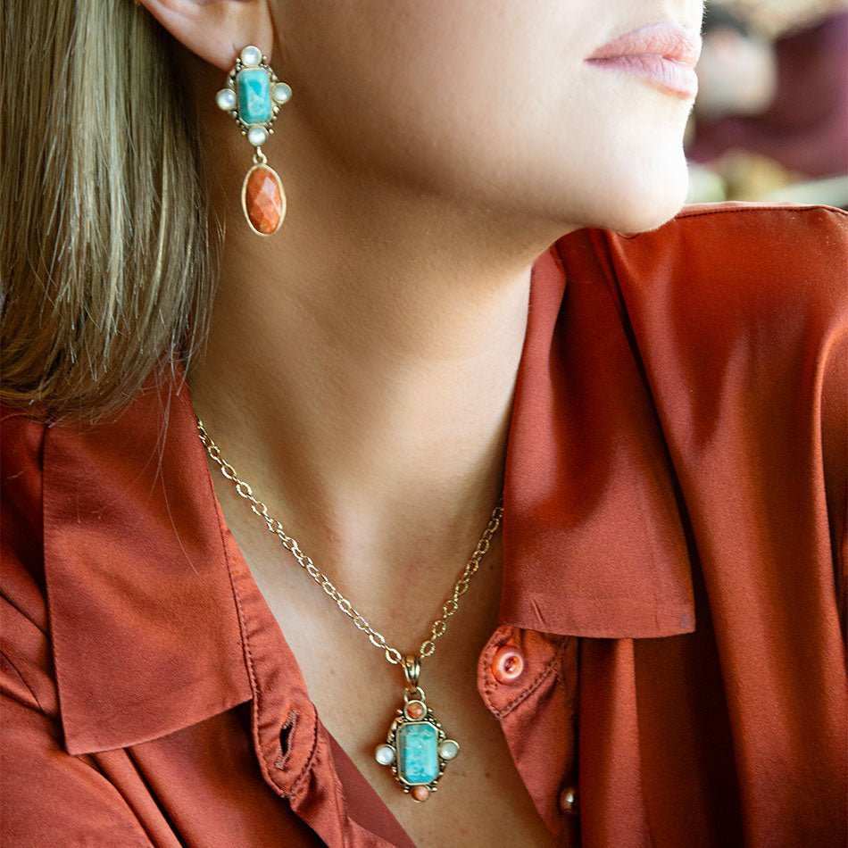 Champs Blue Turquoise and Orange Coral Golden Pendant Necklace - Barse Jewelry - Flyclothing LLC