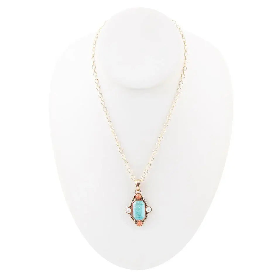 Champs Blue Turquoise and Orange Coral Golden Pendant Necklace - Barse Jewelry - Flyclothing LLC