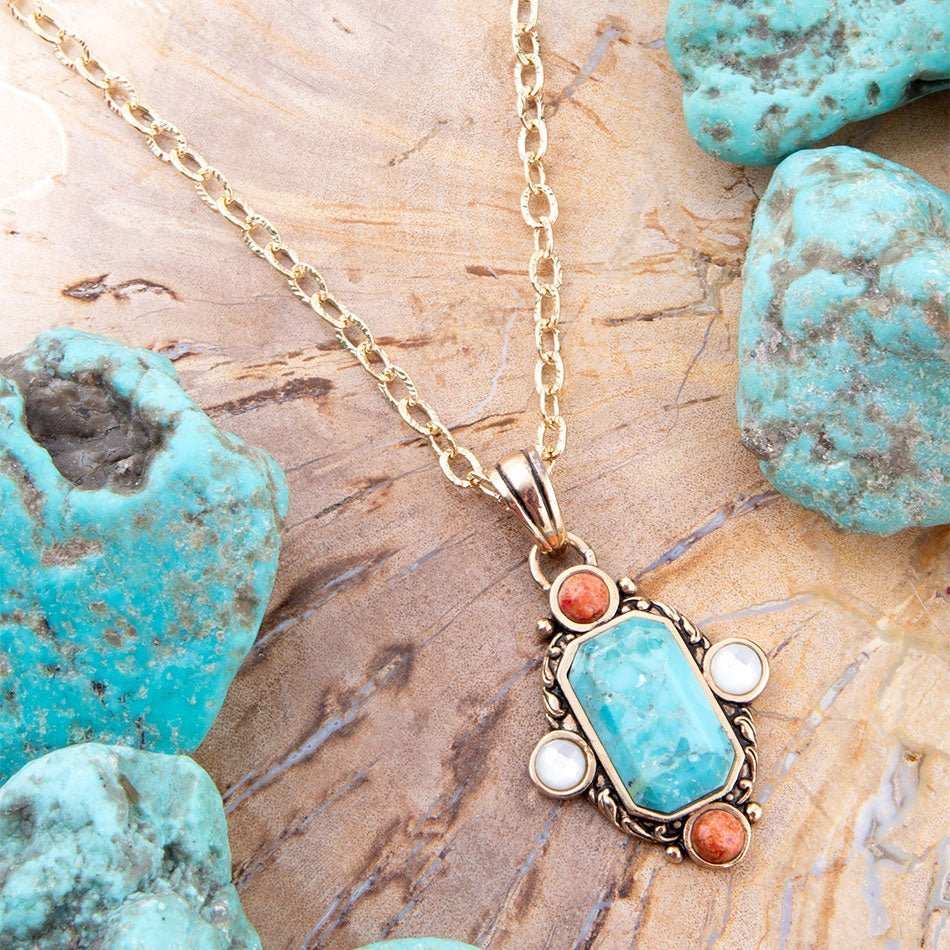 Champs Blue Turquoise and Orange Coral Golden Pendant Necklace - Barse Jewelry - Flyclothing LLC