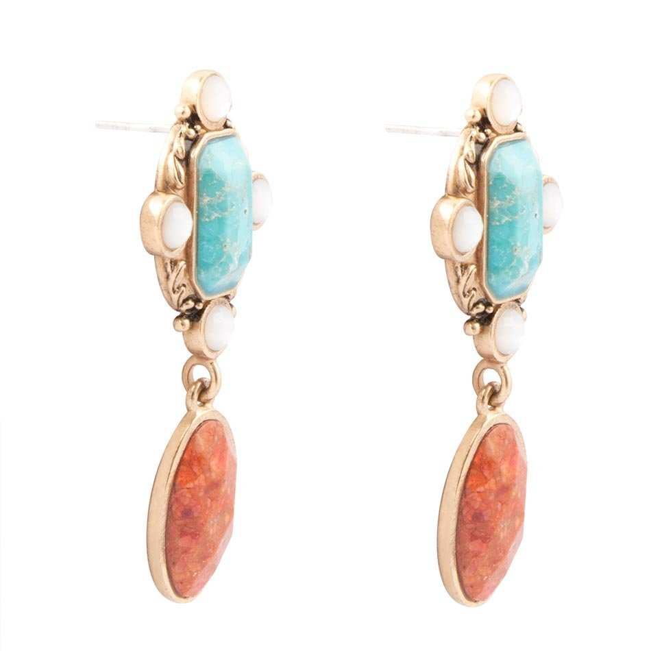 Champs Blue Turquoise and Orange Coral Post Drop Golden Earrings - Barse Jewelry - Flyclothing LLC